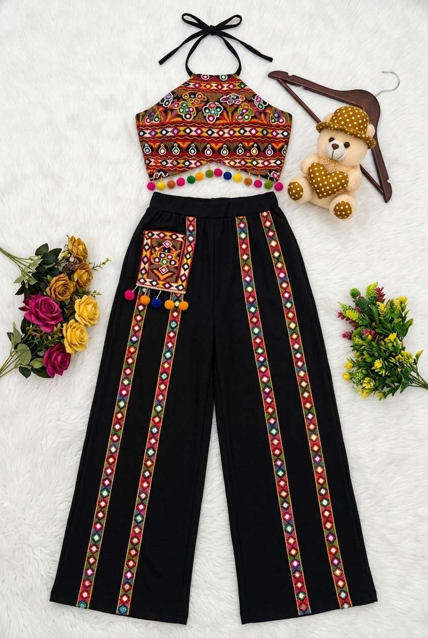KF NV 61 RIBBED EMBROIDERY BLOUSE TOP AND PALAZZO NAVRATRI WESTERN TYPE DEALER